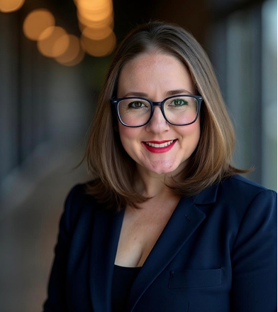 Smiling woman with glasses in a dark blazer, in a softly lit hallway.