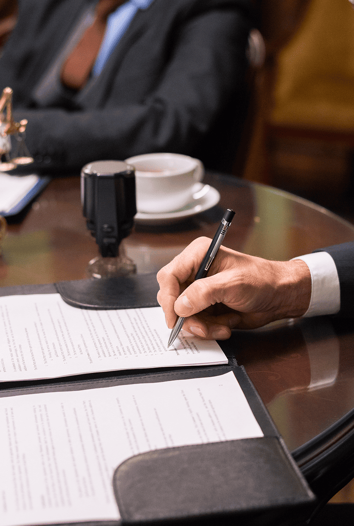 Hand signing legal documents with a justice statue and coffee cup in the background.